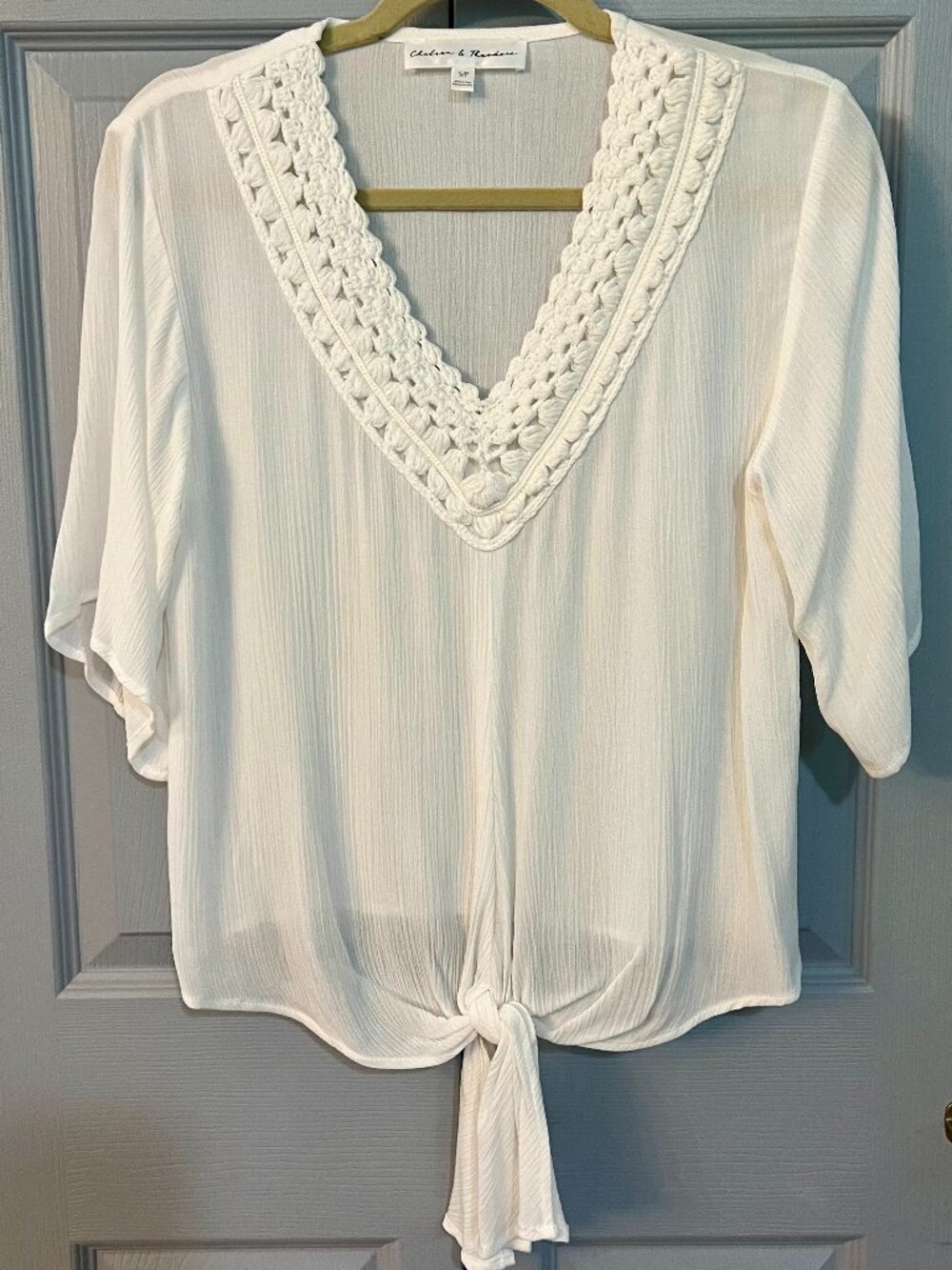 Chelsea & Theodore White Crochet Blouse, Tie Front